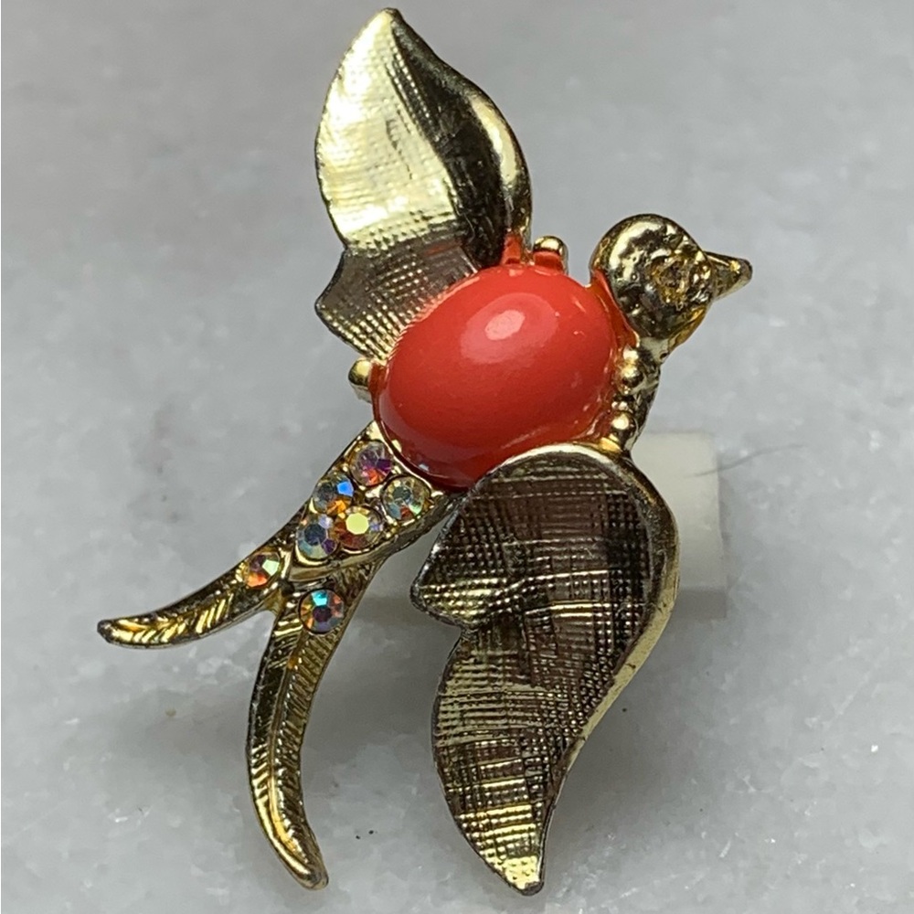 Vintage Gold Tone Bird Brooch coral orange Cabochon AB Rhinestones